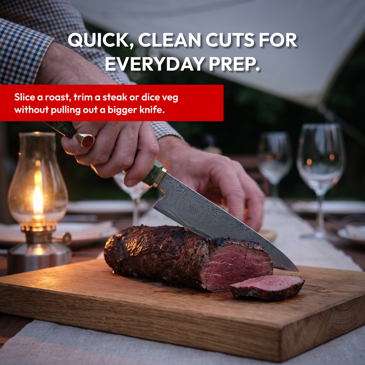 Utility Knife 13 cm, Galaxy Midori no Shō, slicing a roast