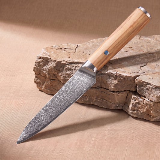 Utility Knife 13 cm, Japanese Damascus steel, Galaxy Takumi, olive wood handle with turquoise pin, on natural stone