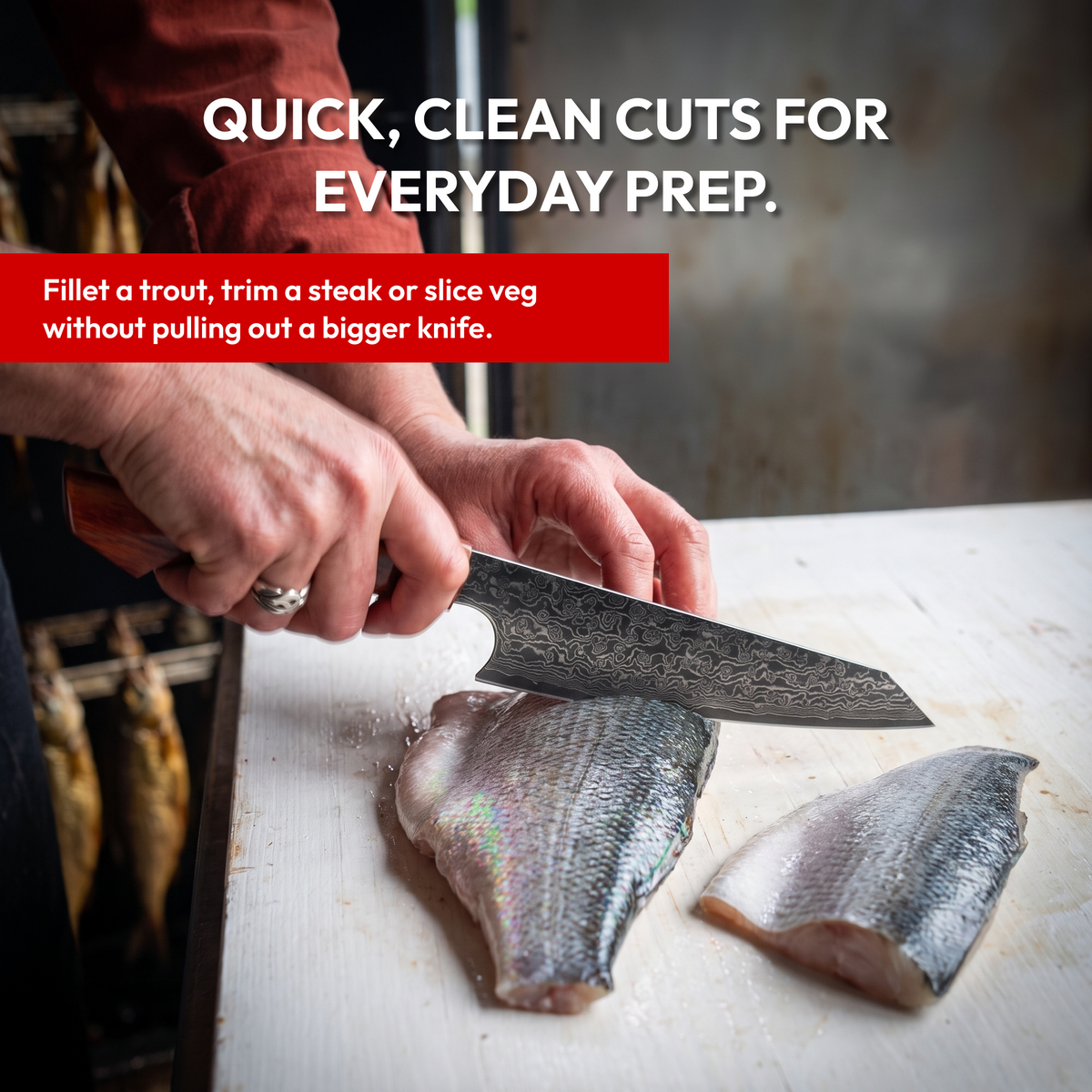 Utility Knife 15 cm, Galaxy Heritage, filleting a trout