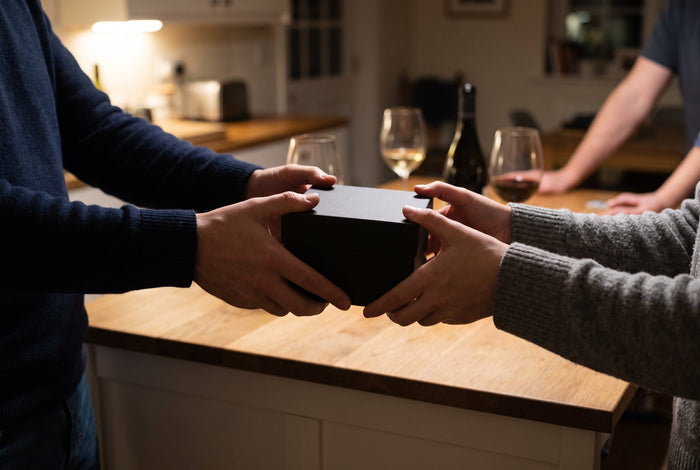 Handing over a black gift box in the kitchen