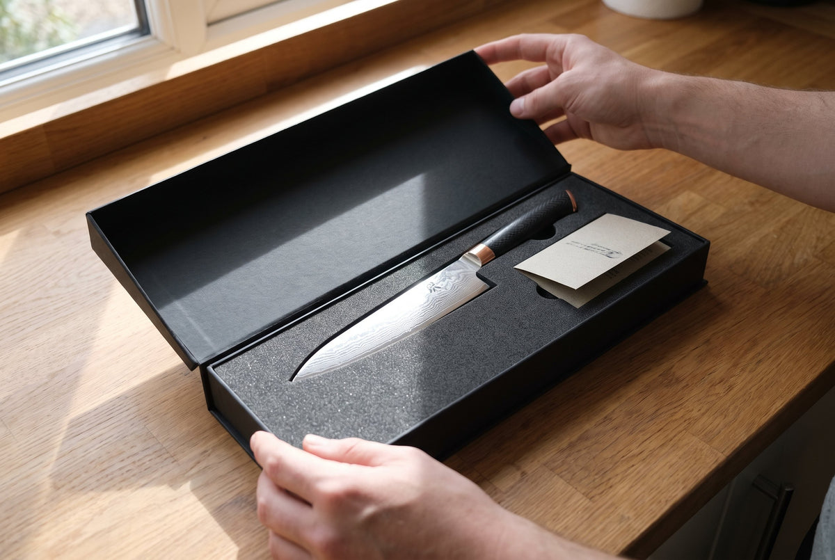 Opening the Galaxy gift box with a Damascus knife inside