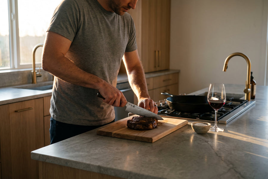 Slicing a steak with a Damascus chef's knife in a home kitchen