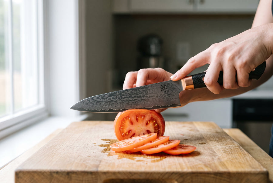 Damascus chef's knife slicing a tomato on a wooden board