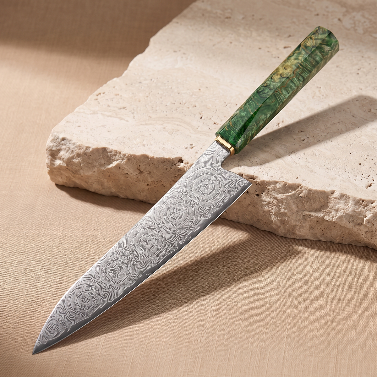 Gyuto Chef's Knife 22 cm, Japanese Damascus steel, Galaxy Midori no Shō, green wood handle, on natural stone