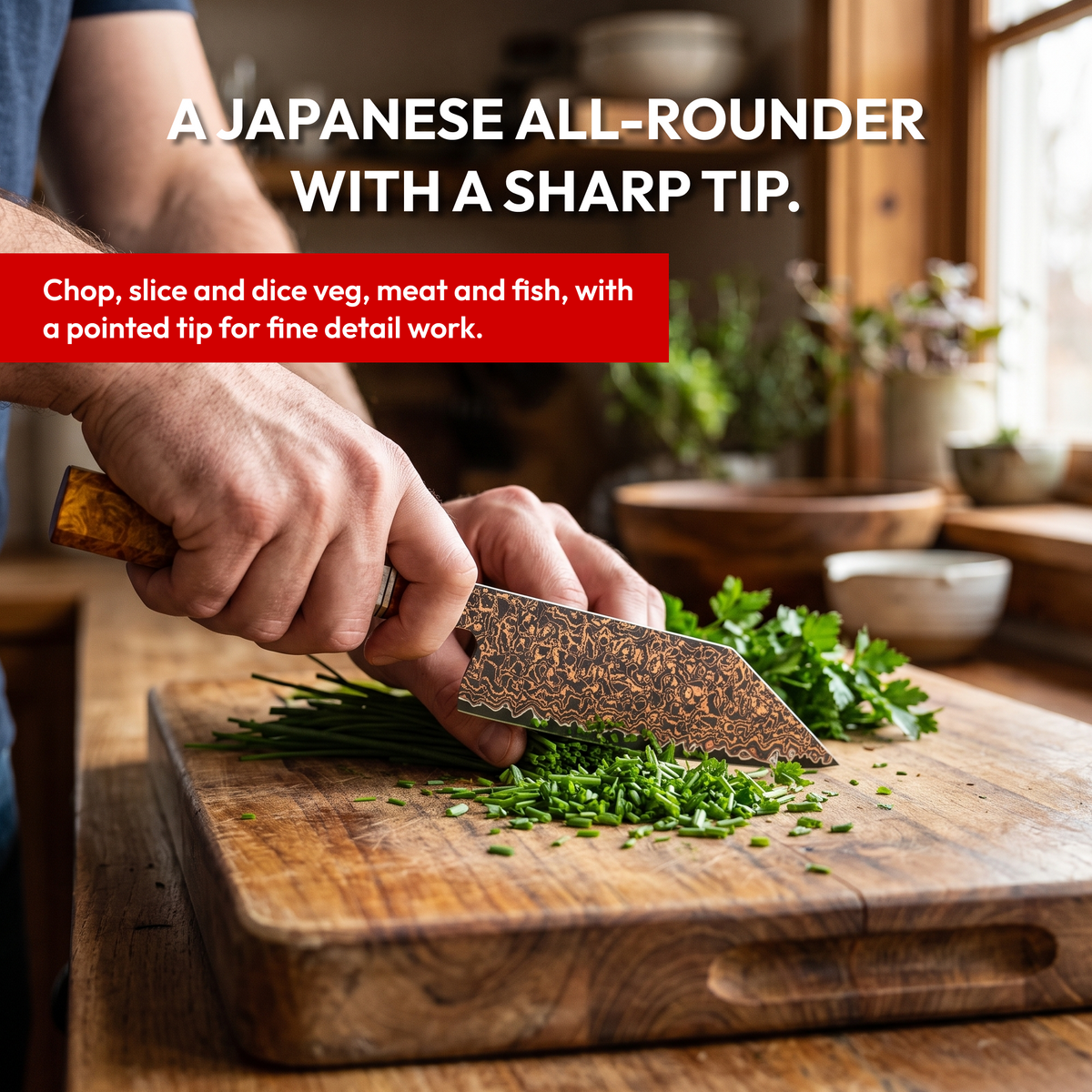 Bunka Knife 14 cm, Galaxy Shinsei, chopping fresh herbs in a home kitchen