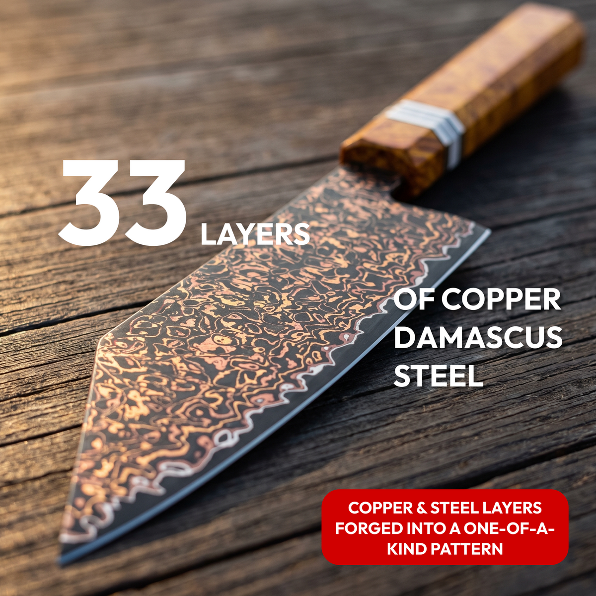 Bunka Knife 14 cm, Galaxy Shinsei, close-up of the 33-layer copper Damascus blade