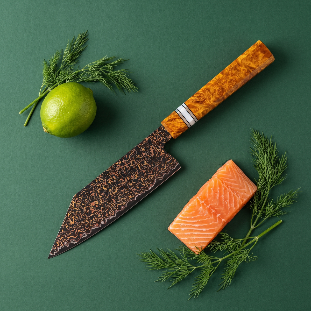 Bunka Knife 14 cm, Galaxy Shinsei, flat lay on forest green with salmon, lime and dill