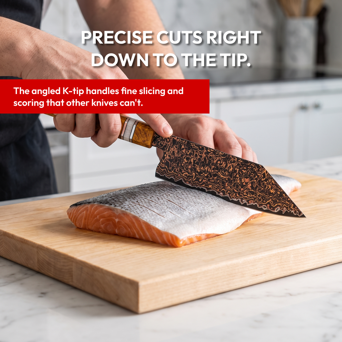 Bunka Knife 14 cm, Galaxy Shinsei, scoring salmon with the K-tip in a bright kitchen