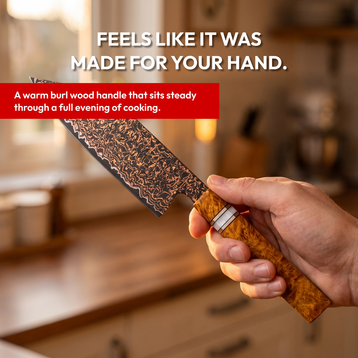 Bunka Knife 14 cm, Galaxy Shinsei, burl wood handle in hand