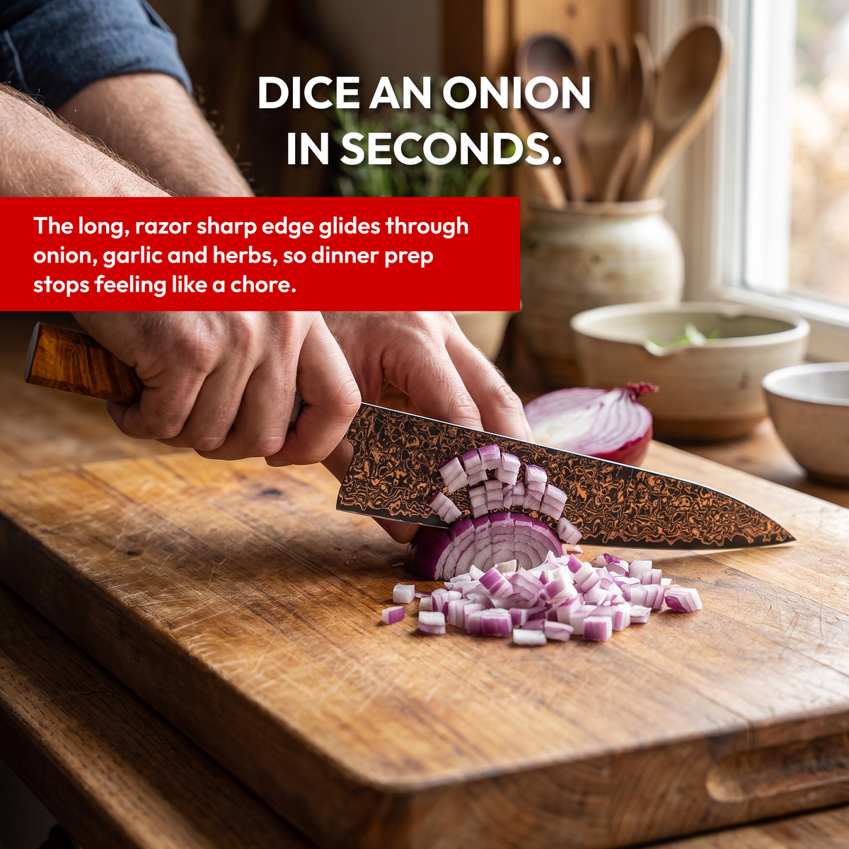 Gyuto Chef's Knife 21 cm, Galaxy Shinsei, dicing a red onion in a home kitchen