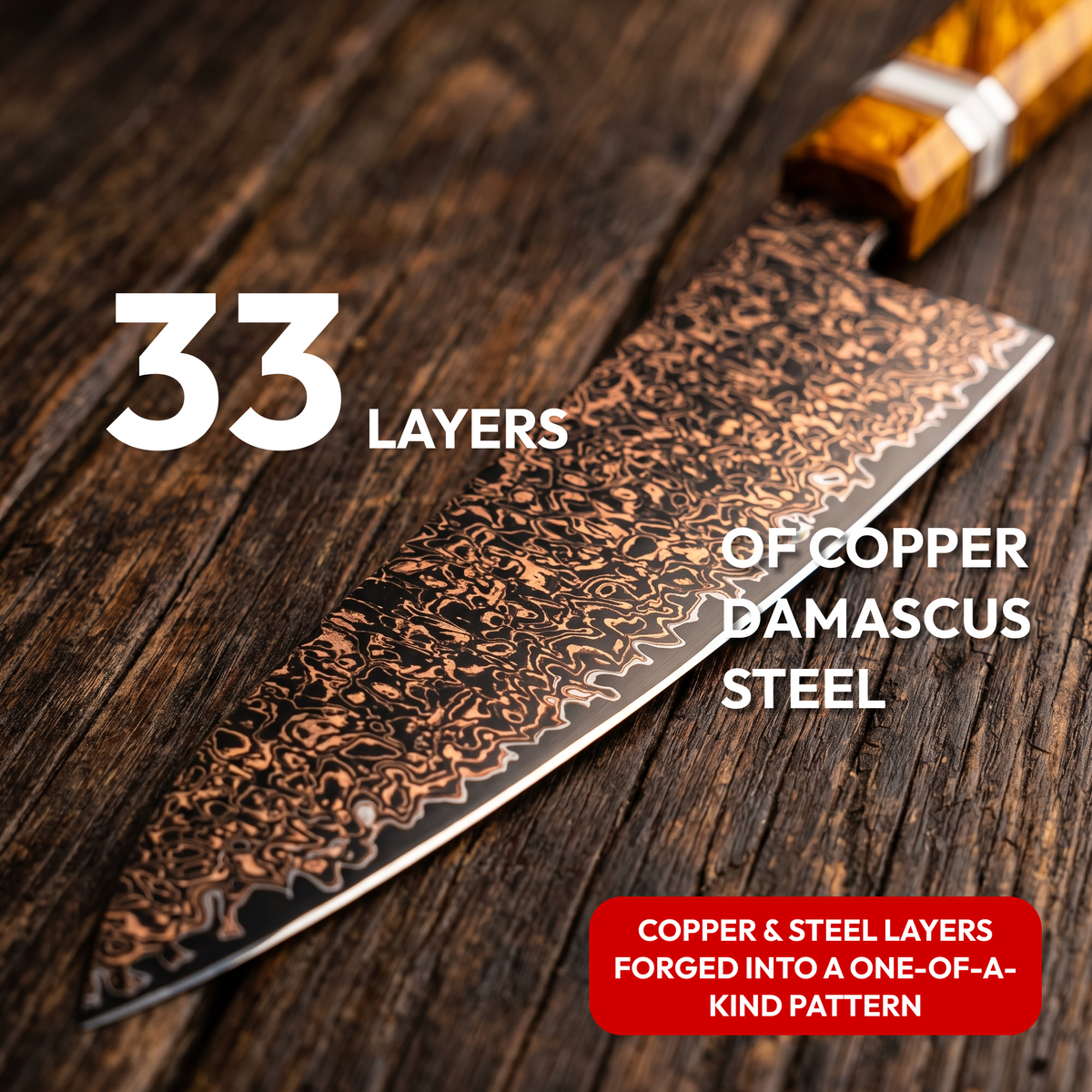 Gyuto Chef's Knife 21 cm, Galaxy Shinsei, close-up of the 33-layer copper Damascus blade