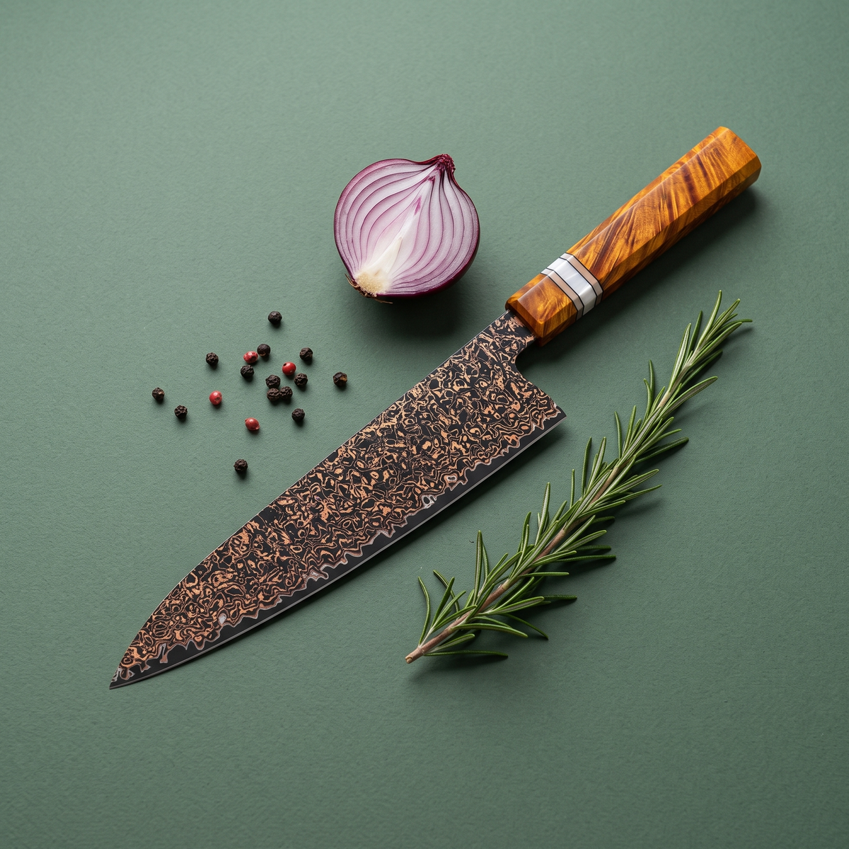 Gyuto Chef's Knife 21 cm, Galaxy Shinsei, flat lay on sage green with onion and rosemary