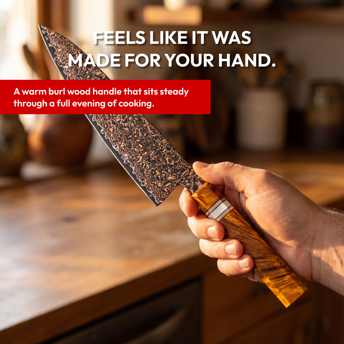 Gyuto Chef's Knife 21 cm, Galaxy Shinsei, burl wood handle in hand