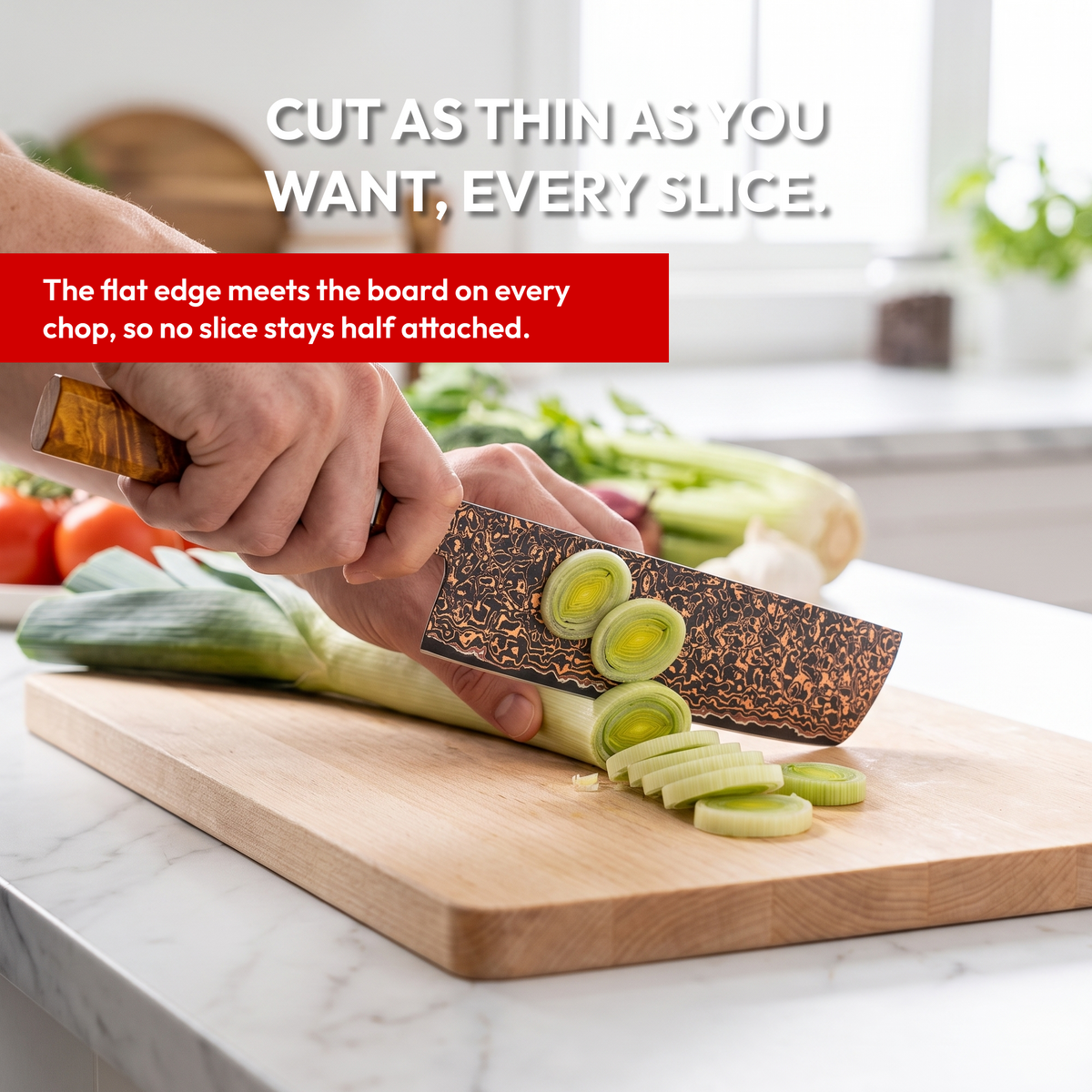 Nakiri Vegetable Knife 18 cm, Galaxy Shinsei, slicing leeks in a bright kitchen