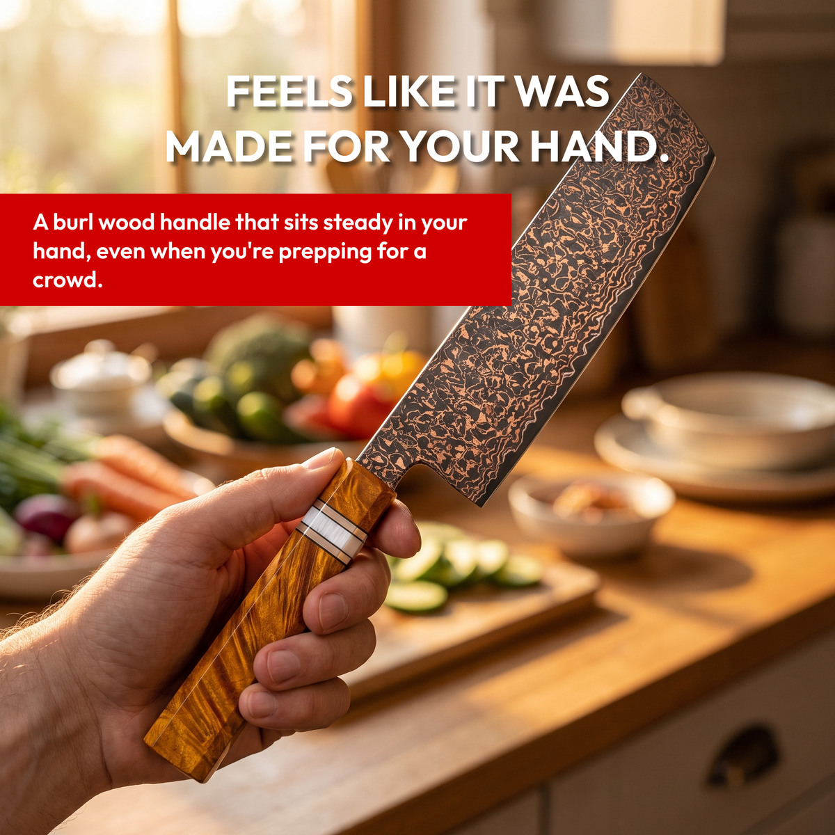 Nakiri Vegetable Knife 18 cm, Galaxy Shinsei, burl wood handle in hand