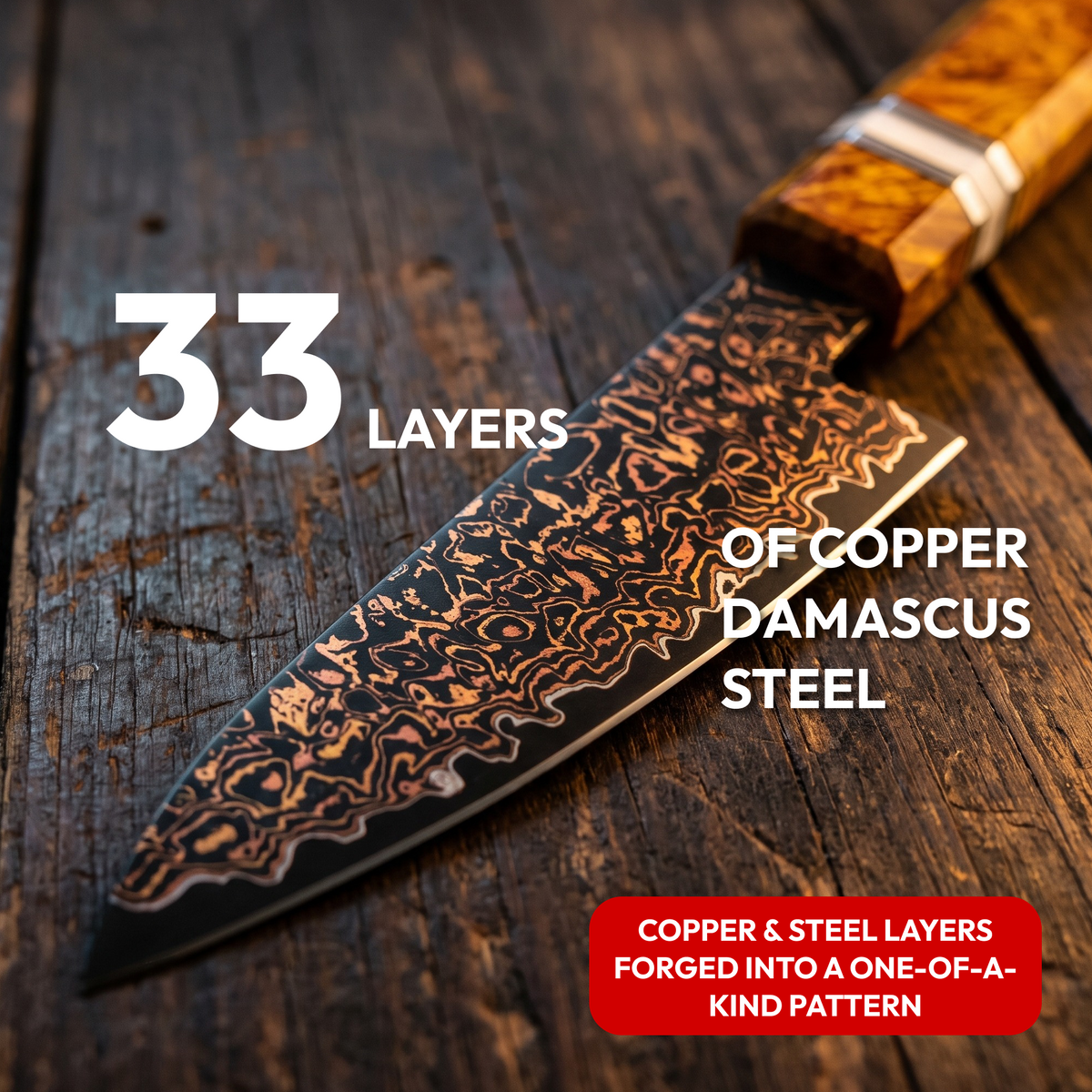 Paring Knife 11 cm, Galaxy Shinsei, close-up of the 33-layer copper Damascus blade