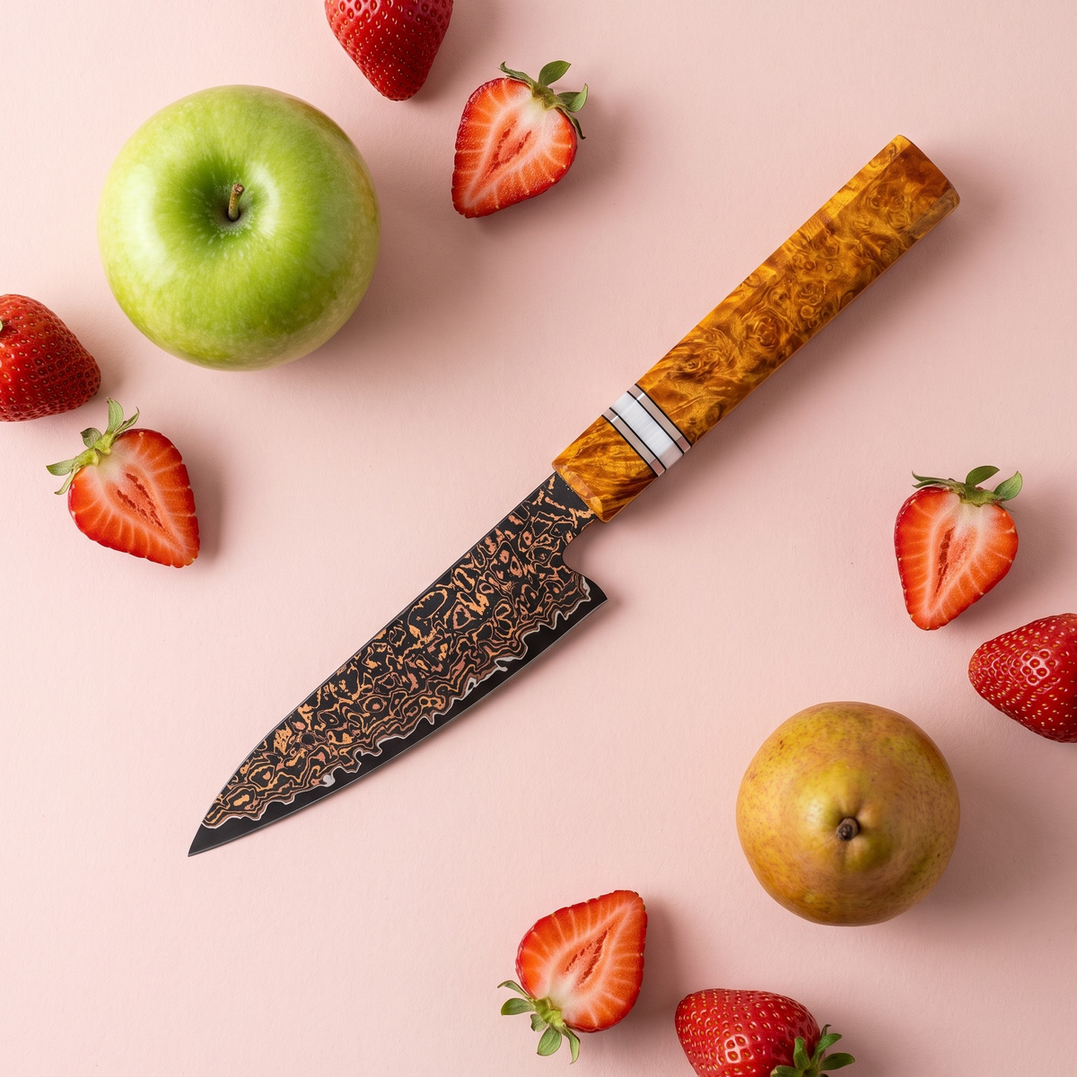 Paring Knife 11 cm, Galaxy Shinsei, flat lay on blush pink with apple, pear and strawberries