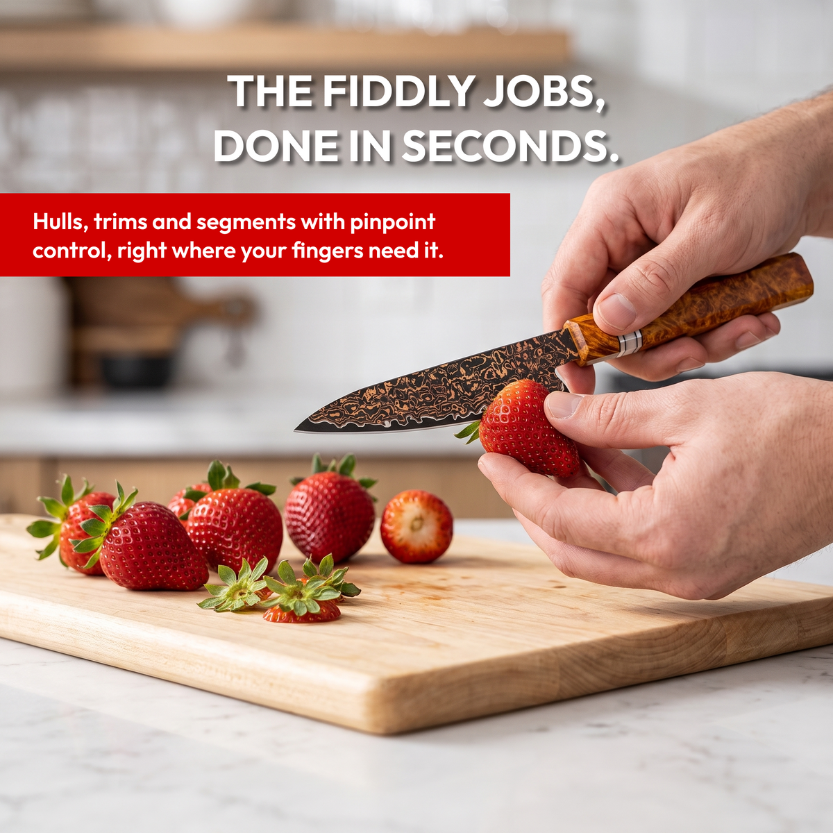Paring Knife 11 cm, Galaxy Shinsei, hulling strawberries in a bright kitchen
