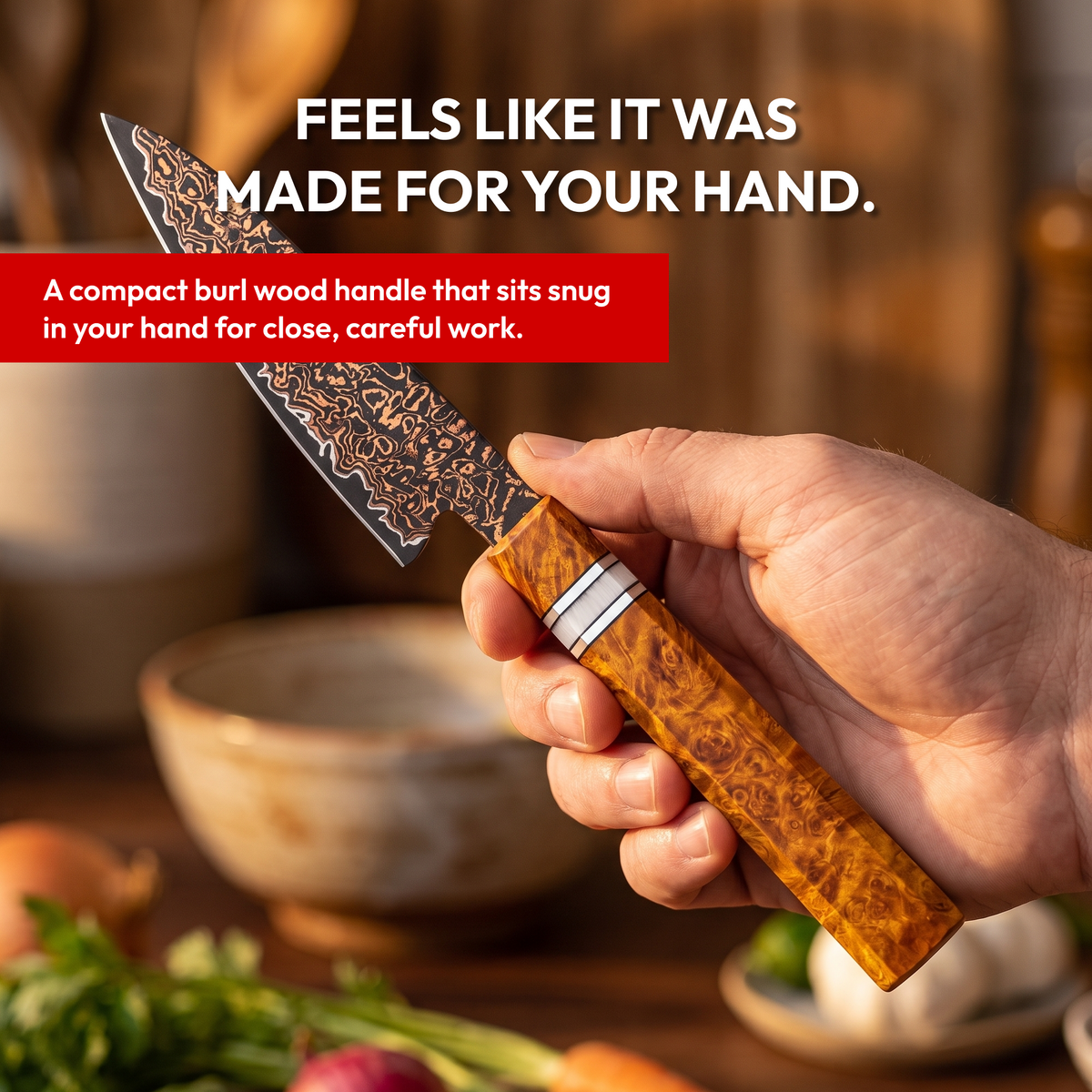Paring Knife 11 cm, Galaxy Shinsei, burl wood handle in hand