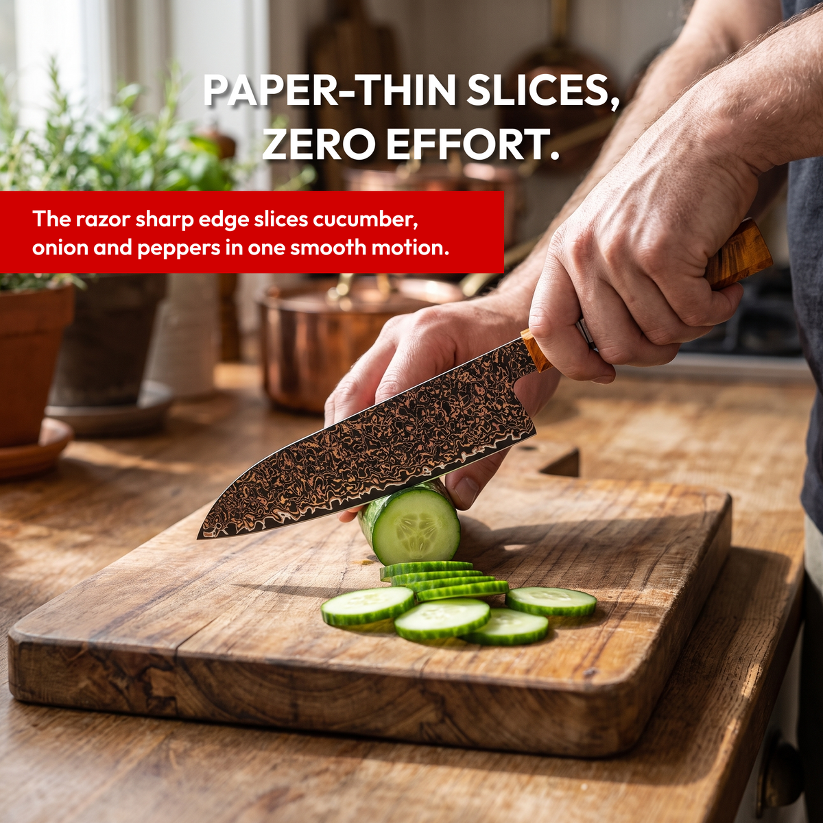 Santoku Knife 18 cm, Galaxy Shinsei, slicing cucumber in a home kitchen