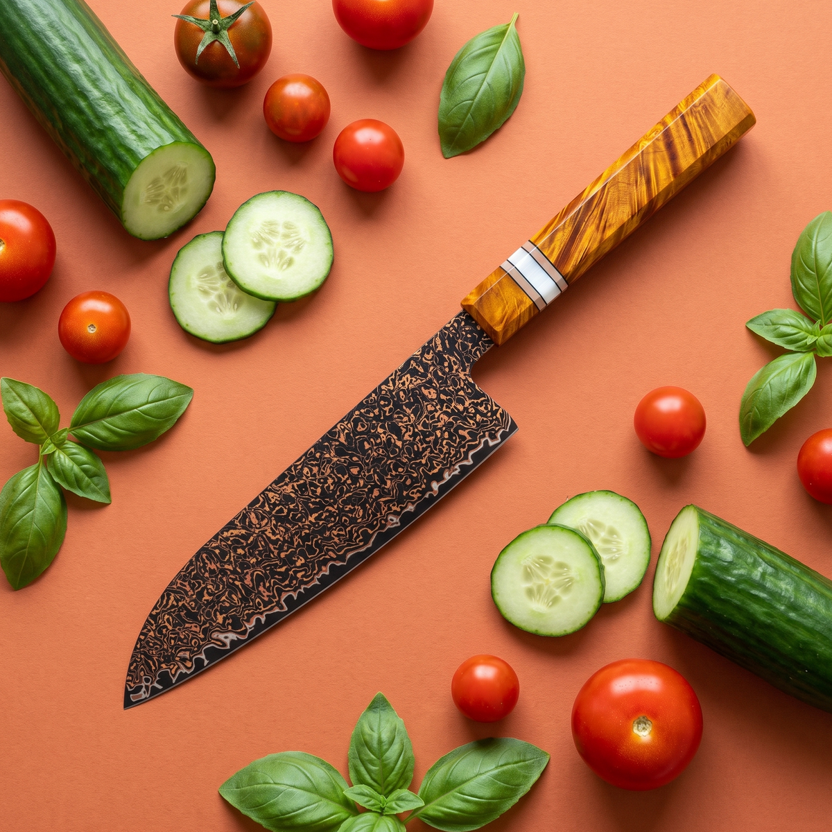 Santoku Knife 18 cm, Galaxy Shinsei, flat lay on terracotta with cucumber and tomatoes