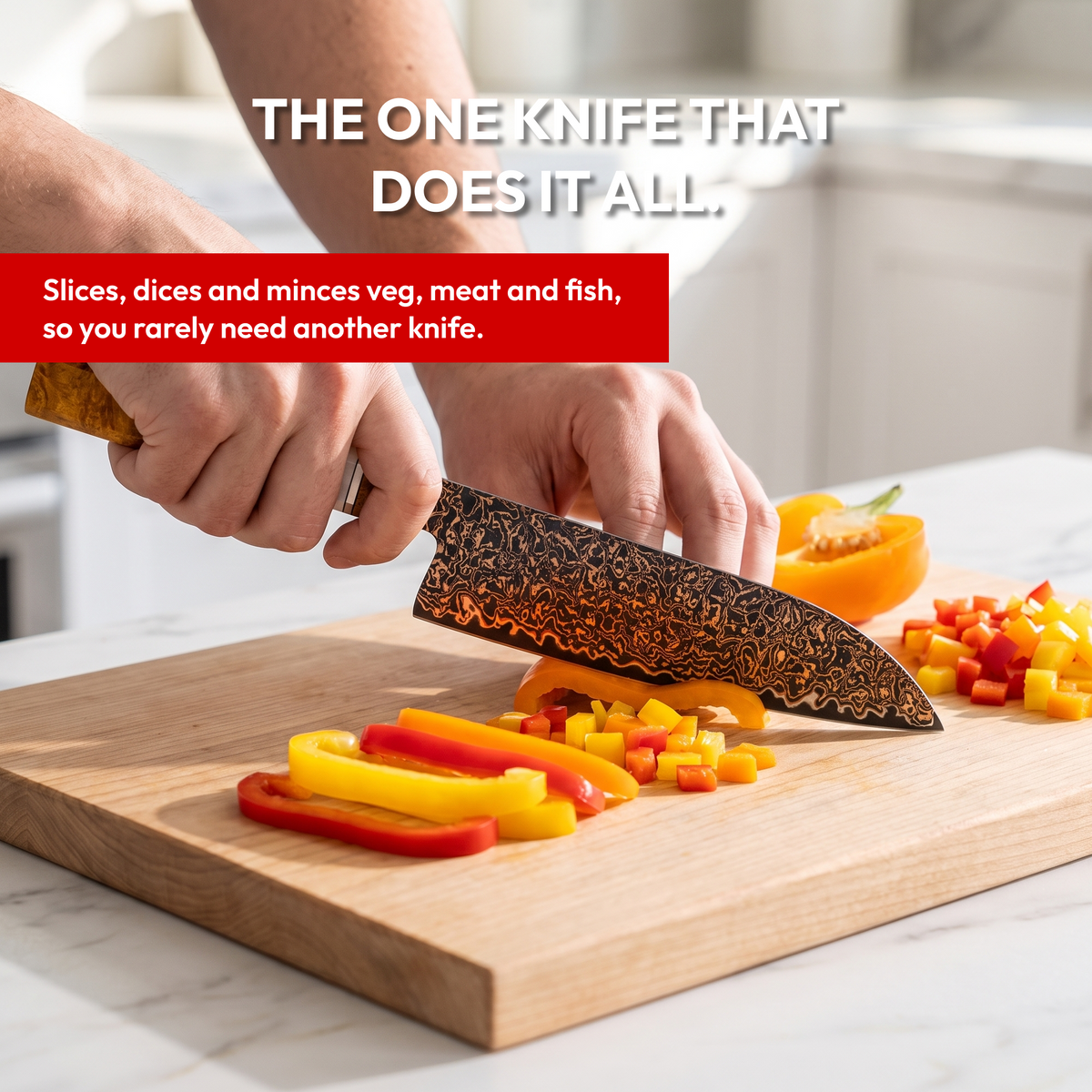 Santoku Knife 18 cm, Galaxy Shinsei, dicing peppers in a bright kitchen