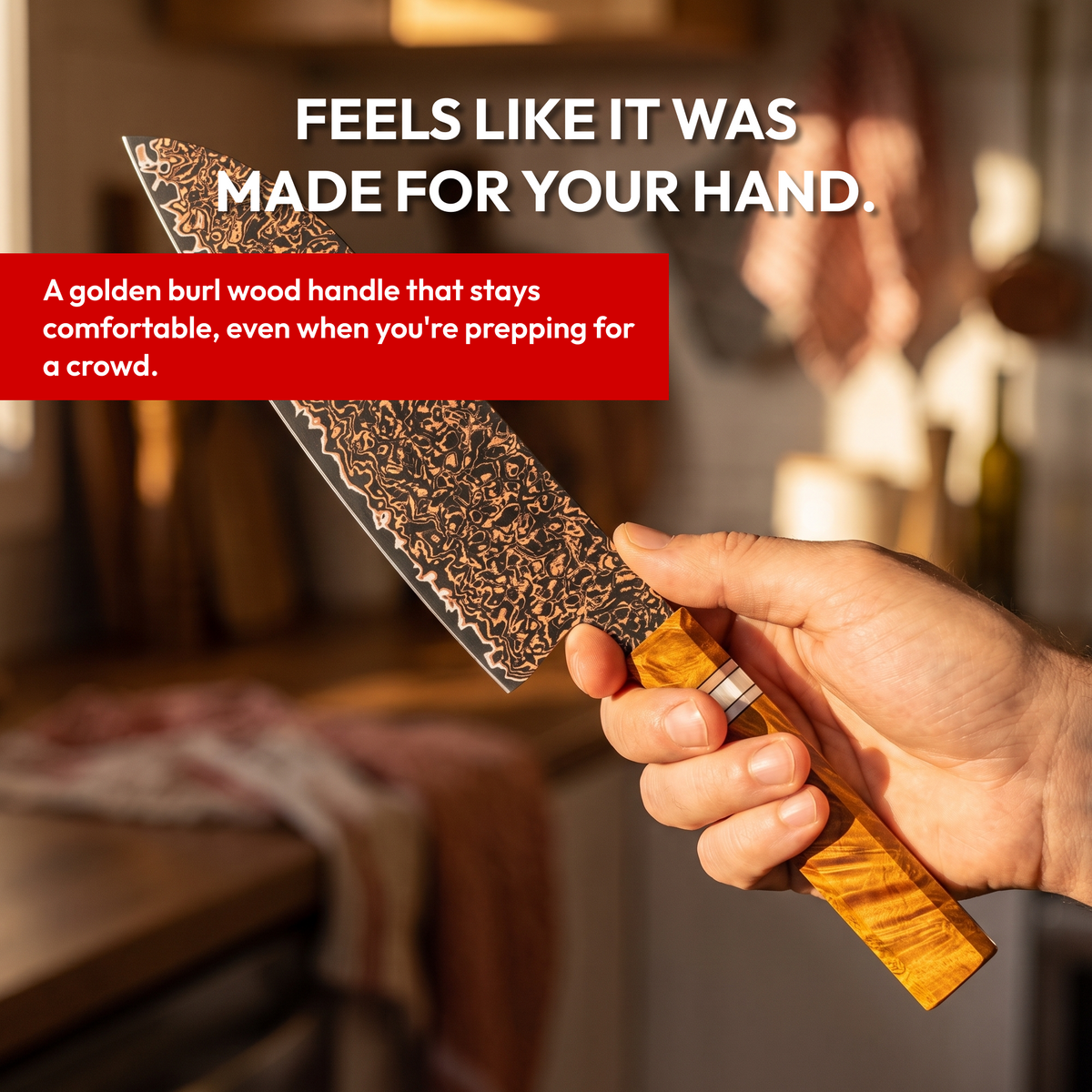Santoku Knife 18 cm, Galaxy Shinsei, burl wood handle in hand