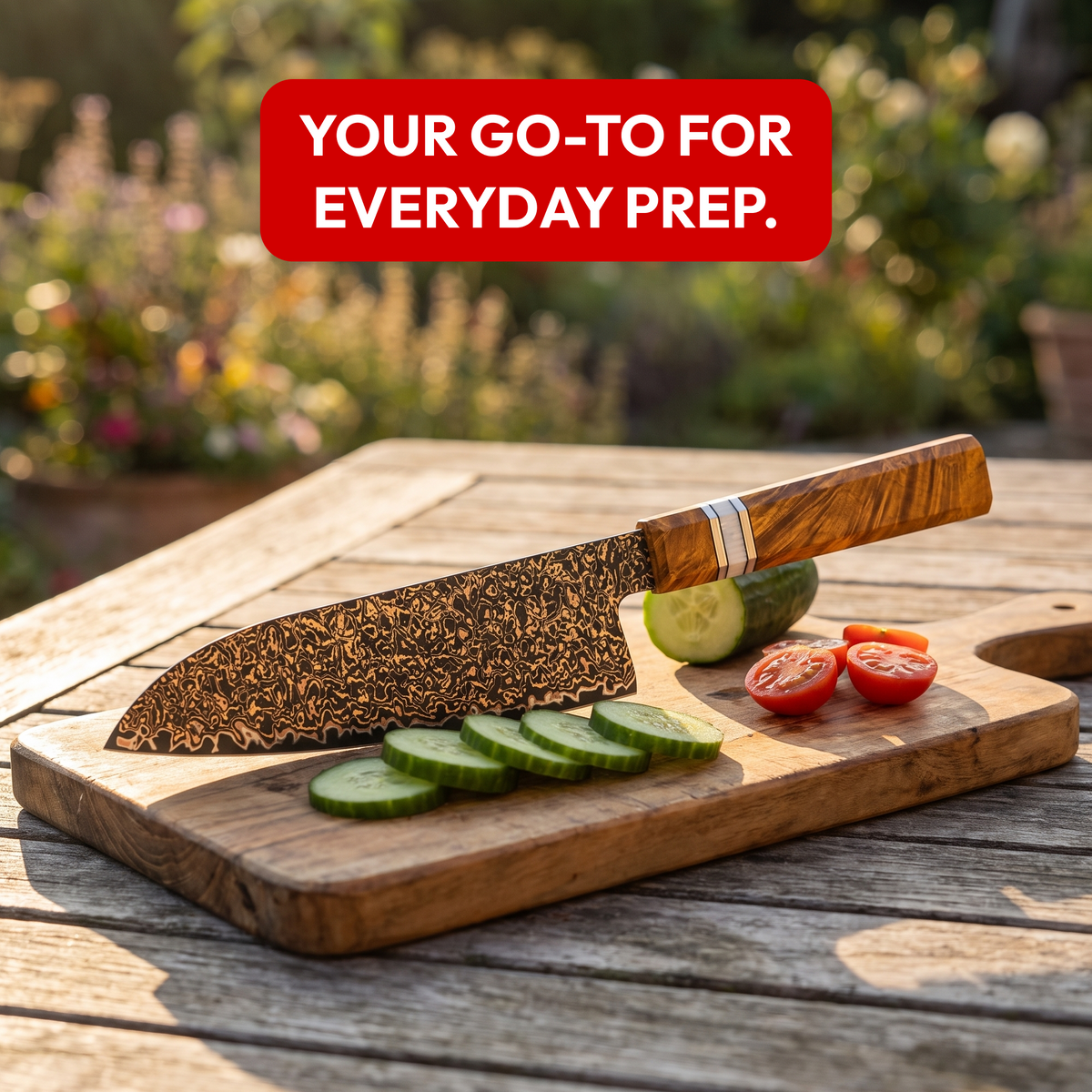 Santoku Knife 18 cm, Galaxy Shinsei, with cucumber and tomatoes on a garden table