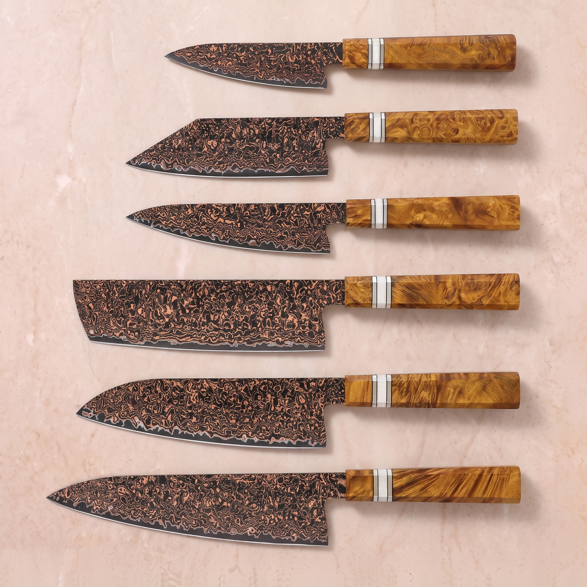 Japanese Damascus Knife Set, 6 Pieces, Galaxy Shinsei, all six knives with burl wood handles laid out