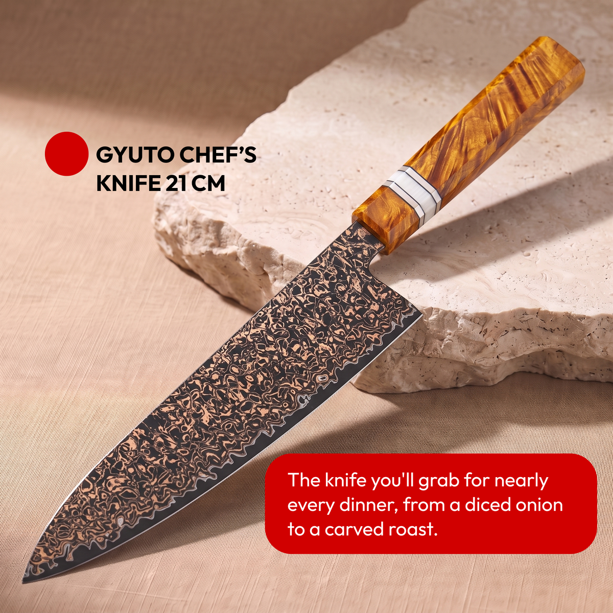 Japanese Damascus Knife Set, 6 Pieces, Galaxy Shinsei, gyuto chef's knife 21 cm on natural stone