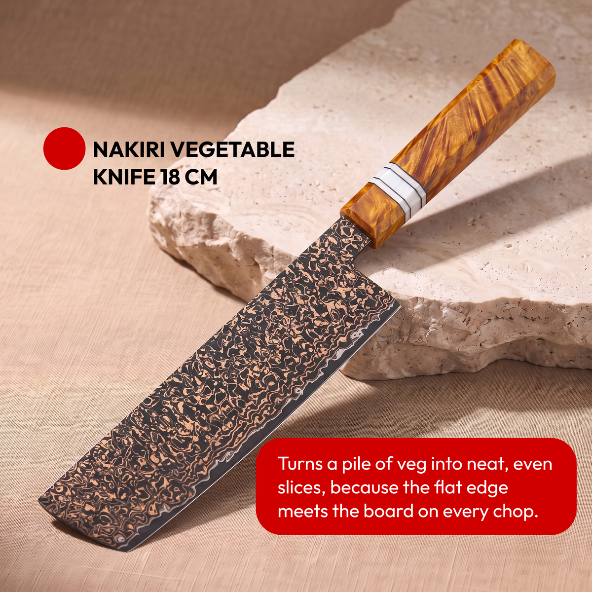 Japanese Damascus Knife Set, 6 Pieces, Galaxy Shinsei, nakiri vegetable knife 18 cm on natural stone