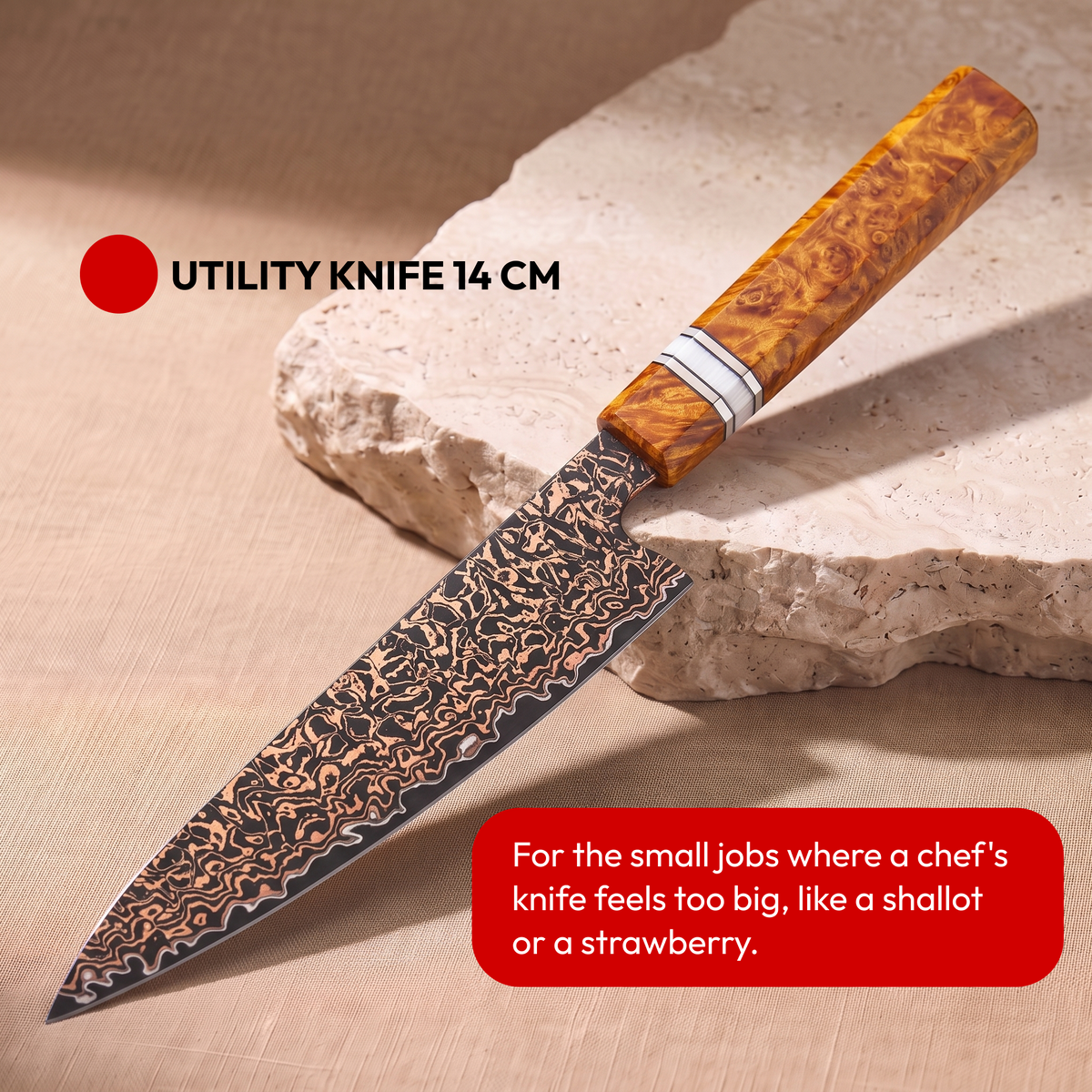 Japanese Damascus Knife Set, 6 Pieces, Galaxy Shinsei, utility knife 14 cm on natural stone