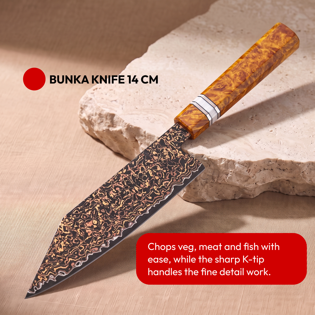 Japanese Damascus Knife Set, 6 Pieces, Galaxy Shinsei, bunka knife 14 cm on natural stone
