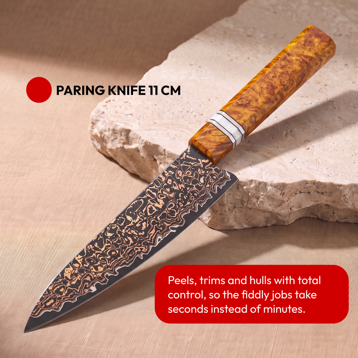 Japanese Damascus Knife Set, 6 Pieces, Galaxy Shinsei, paring knife 11 cm on natural stone