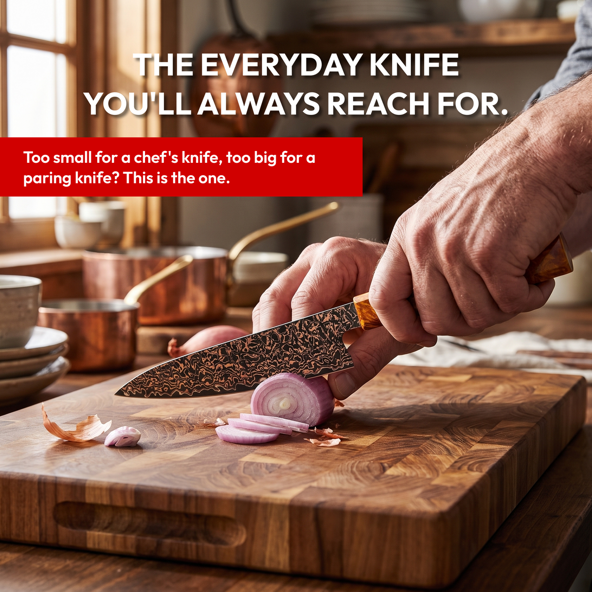 Utility Knife 14 cm, Galaxy Shinsei, slicing a shallot in a home kitchen