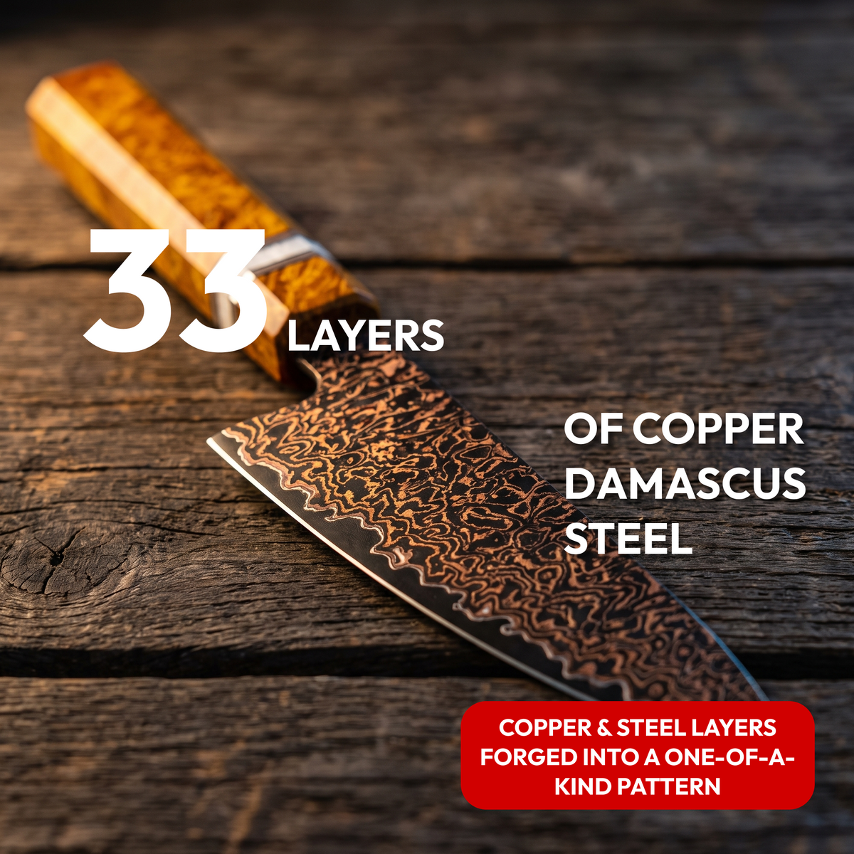 Utility Knife 14 cm, Galaxy Shinsei, close-up of the 33-layer copper Damascus blade