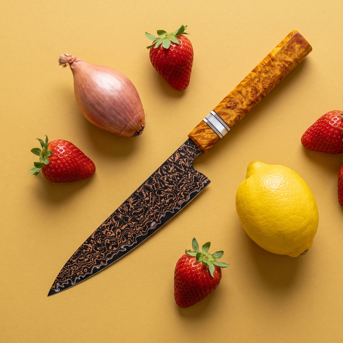 Utility Knife 14 cm, Galaxy Shinsei, flat lay on mustard yellow with shallot, lemon and strawberries