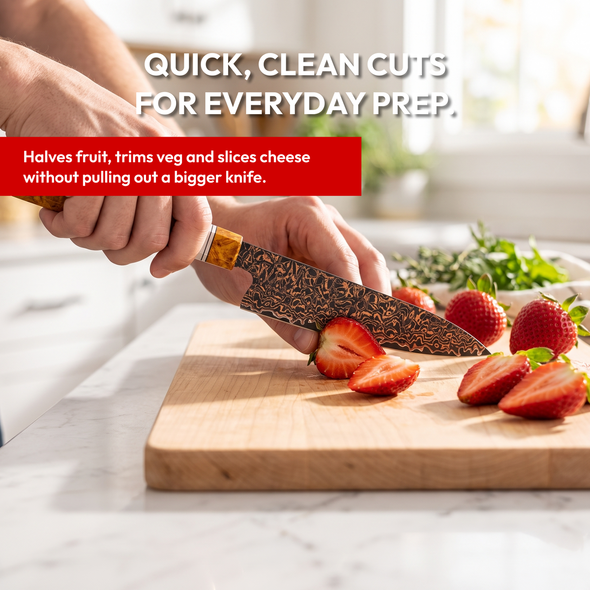 Utility Knife 14 cm, Galaxy Shinsei, halving strawberries in a bright kitchen