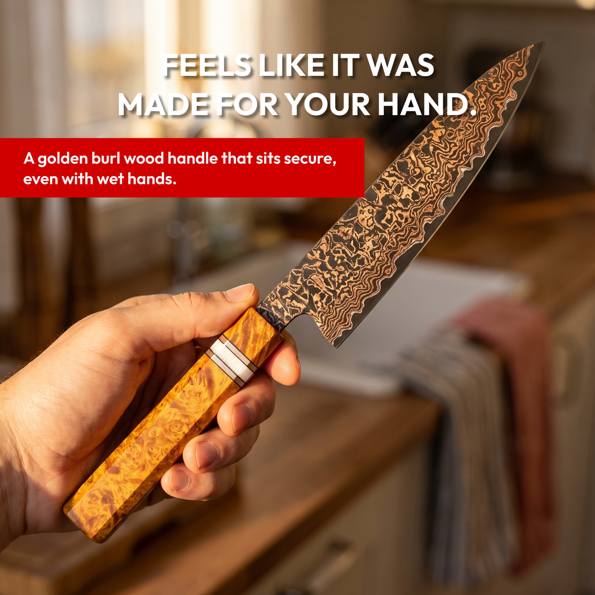 Utility Knife 14 cm, Galaxy Shinsei, burl wood handle in hand